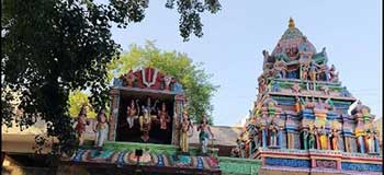 Sri Rama sannidhi façade featuring stucco depiction of Sri Rama,Sri Sita,Sri Lakshmana