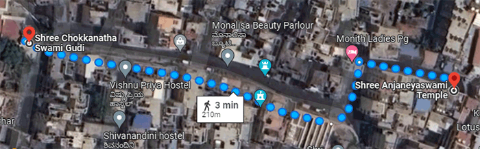 google-map showing Sri Anjaneya and Sri Chokkanatha temple in stright-line